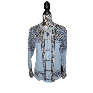 NORDSTRIKK Womens Wool Cardigan Sweater Norway Silver Color Clasps Boho Blue